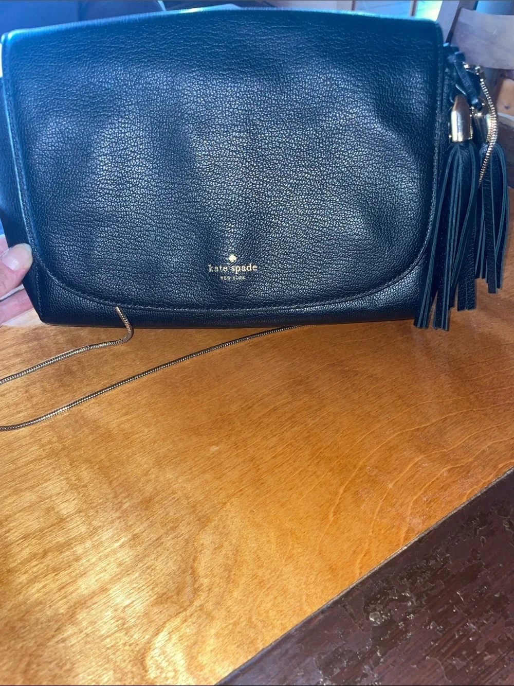 KATE SPADE Black Leather Crossbody with Gold embellished Tassels and Chain Strap